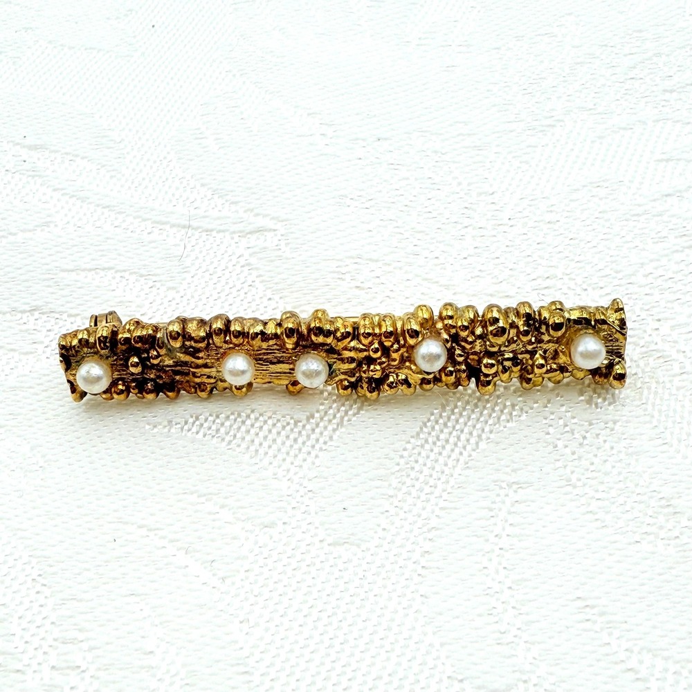 Vintage Intricate Classic Art Deco Style Gold Tone Bar Pin w/ Faux Pearls